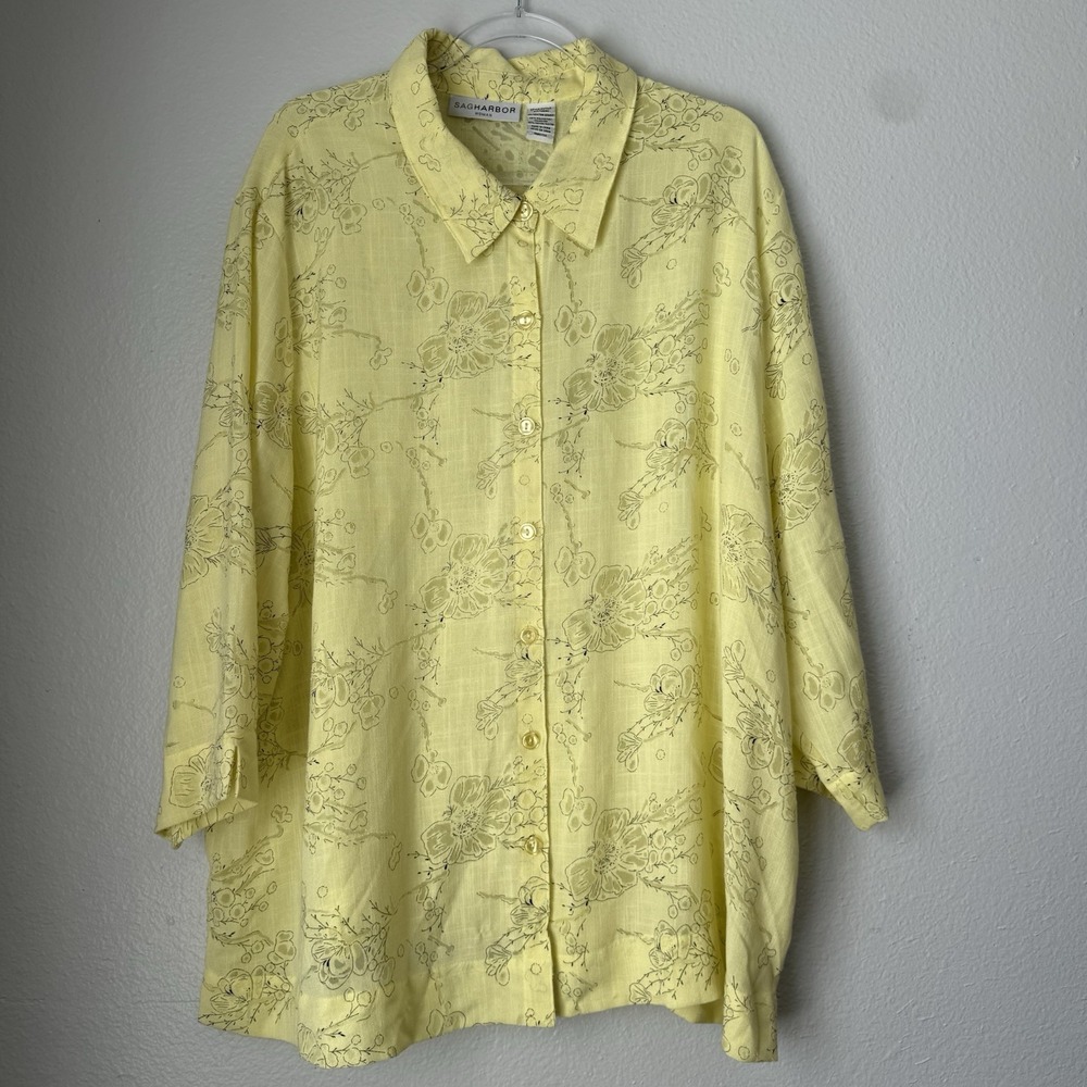 Sag Harbor 3X Yellow Button Up floral burnout see through Light Flowy‎